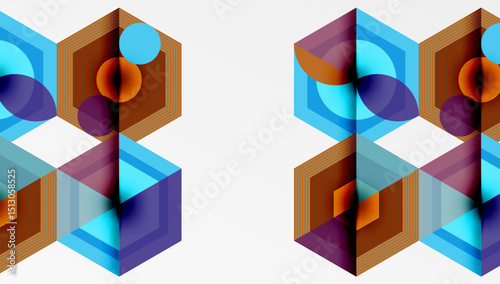 Geometric patterns repeat. Hexagons, circles, lines create complex visual texture. Warm, cool colors contrast, offering depth.