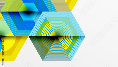 Abstract geometric composition. Blue, yellow, green layers create dynamic visual effect. Hexagons, lines, shapes intersect, forming modern design.