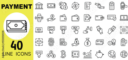 Payment Symbols – Wallet, Credit Card, Cash, Invoice, Receipt, POS, ATM, Bank, QR Code, Transfer, Dollar, Billing, Checkout, Transaction, Mobile Pay, Coin, Fund Icons