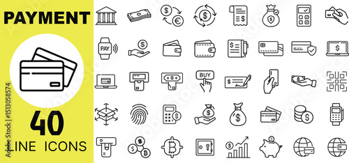 Payment Icon Set – Credit Card, Wallet, Dollar, Coin, Invoice, Receipt, Mobile Pay, POS, QR Code, Bank, Cash, Online, Transfer, ATM, Billing, Checkout, Transaction Symbols