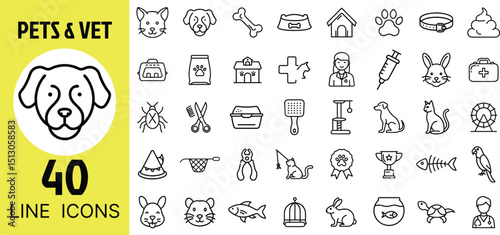 Pets and Vet Icon Set – Dog, Cat, Paw, Bone, Kennel, Vet, Syringe, Medicine, Leash, Collar, Fish, Pet Bowl, Bird, Heart, First Aid, Clinic, Stethoscope Symbols