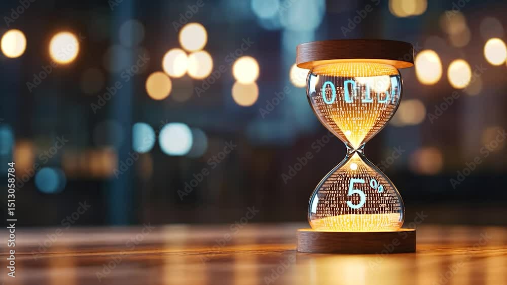 Hourglass with binary numbers glowing in dark environment