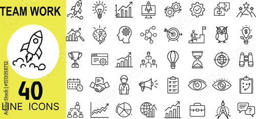 Startup Symbols – Rocket, Lightbulb, Chart, Growth, Strategy, Idea, Goal, Innovation, Team, Laptop, Mission, Target, Planning, Success, Brainstorm, Vision, Pitch, Launch Icons