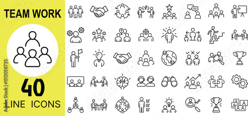Teamwork Icon Set – Collaboration, Support, Unity, Meeting, Group, Partnership, Goal, Brainstorm, Leader, Discussion Symbols