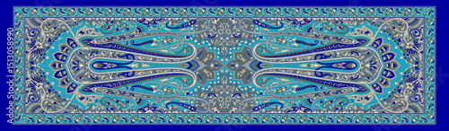 Blue Ethnic Digital Dupatta – Seamless Textile Print with Indian Kalamkari Motifs and Decorative Borders
