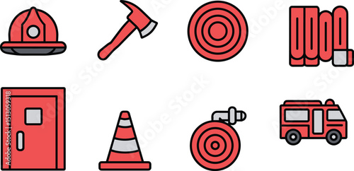 Essential Firefighter Equipment Icons, Vector Illustrations of Fire Helmet, Axe, Hose, Fire Truck, Door, Traffic Cone, Red and Black Color Theme