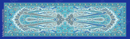 Blue Ethnic Digital Dupatta – Seamless Textile Print with Indian Kalamkari Motifs and Decorative Borders