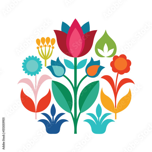 Colorful stylized floral illustration featuring vibrant blooms arranged in an attractive symmetrical pattern.
