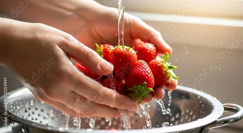 Washing Fresh Strawberries Under Running Water in Sink