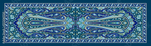 Artistic Blue Dupatta Design – Seamless Digital Textile with Indian Folk Motifs, Floral Elements and Lace Edging