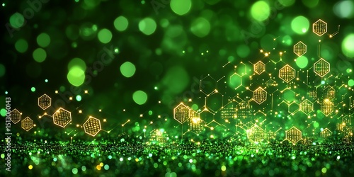 Abstract green backdrop with golden hexagons
