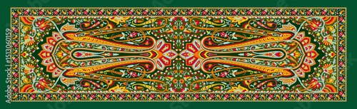 Green Folk Scarf Design – Ethnic Paisley and Floral Digital Textile Background Design