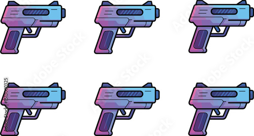 Set of colorful futuristic pistols, digital gun icons, weapon illustrations, modern firearm graphics, game assets, vector weapons collection