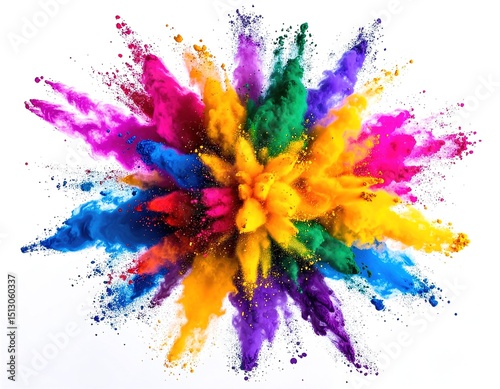 A vibrant explosion of multicolored powder bursts against a pristine white background, creating a dynamic and artistic display of swirling hues.