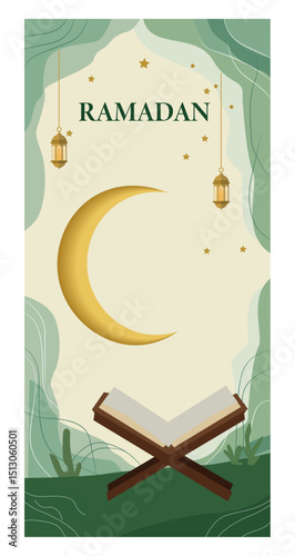 Tranquil Islamic Illustration with Crescent Moon, Holy Book, and Lanterns-01