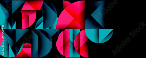 Abstract geometric shapes form letters. Vibrant pinks, blues create dynamic composition against black background. Modern design.