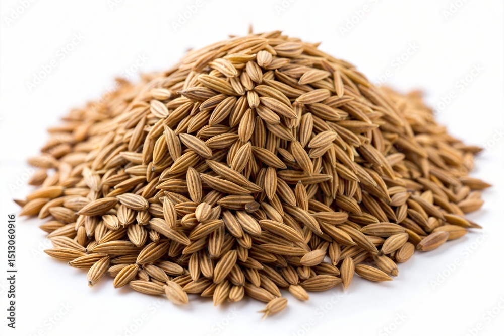 Obraz premium Heap of Cumin Seeds Aromatic Spice Ready for Culinary Use on White Background