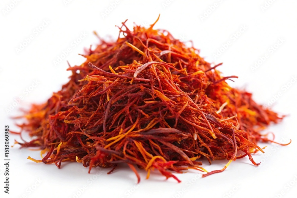 Fototapeta premium Heap of Red Saffron Threads Isolated CloseUp of the World's Most Expensive Spice
