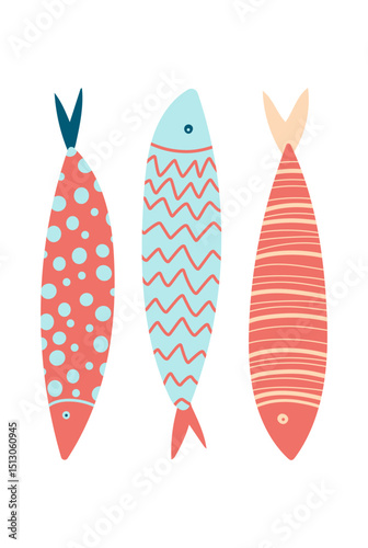 Fish illustrations, colorful with pattern. Vector Illustrations. Sardines, sea poster. Cute fish illustrations