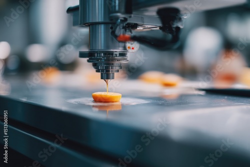 Precision machinery applies vibrant icing onto dessert, showcasi