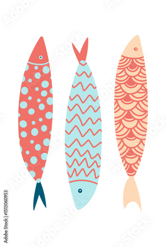 Fish_4Fish illustrations, colorful with pattern. Vector Illustrations. Sardines, sea poster. Cute fish illustrations