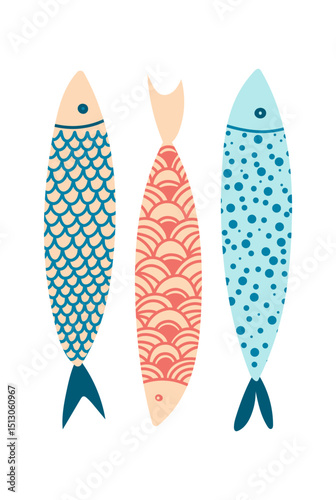 Fish illustrations, colorful with pattern. Vector Illustrations. Sardines, sea poster. Cute fish illustrations