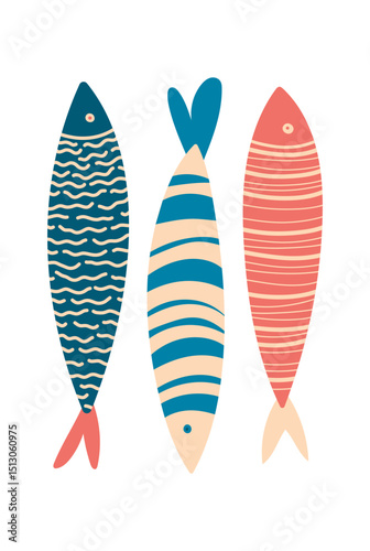 Fish illustrations, colorful with pattern. Vector Illustrations. Sardines, sea poster. Cute fish illustrations