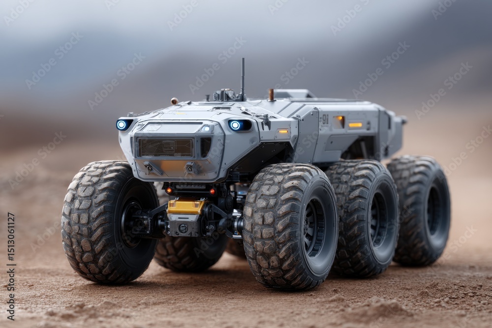 Advanced off-road robot with robust tires and sleek design, read