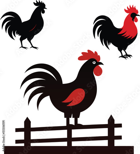 Rooster Silhouette Standing Proudly Isolated on White Background