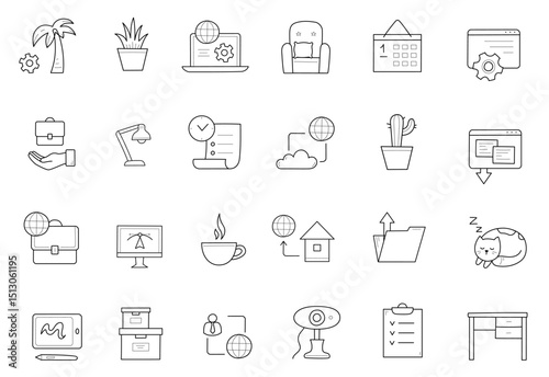 Home office, freelance doodle icons or signs set . vector