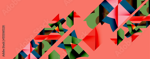 Abstract geometric shapes overlap, creating dynamic composition. Red, green, blue tones contrast against salmon background. Modern design.