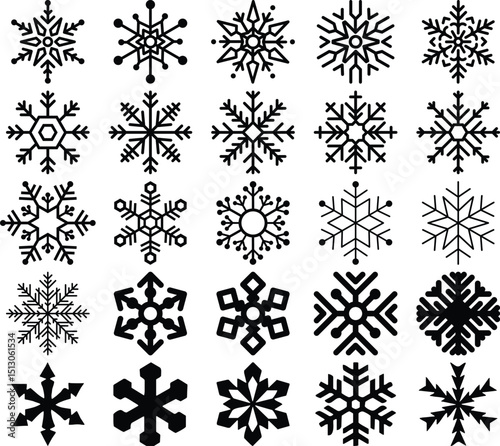 Collection of 25 Unique Black Snowflake Icons.