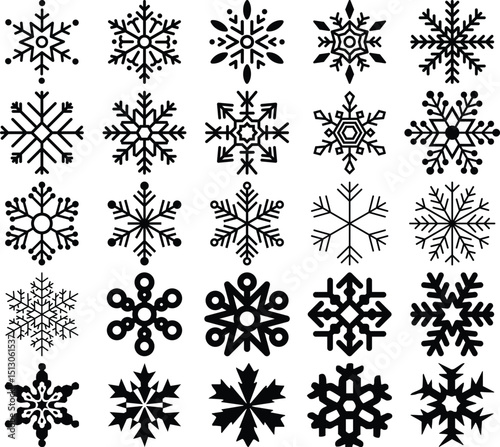 Collection of 25 Unique Black Snowflake Icons.
