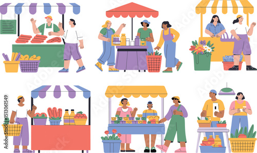 Farmers market stalls, fresh produce vendors, local market shopping, community gathering, healthy food, fruits, vegetables, flowers, outdoor marketplace scene