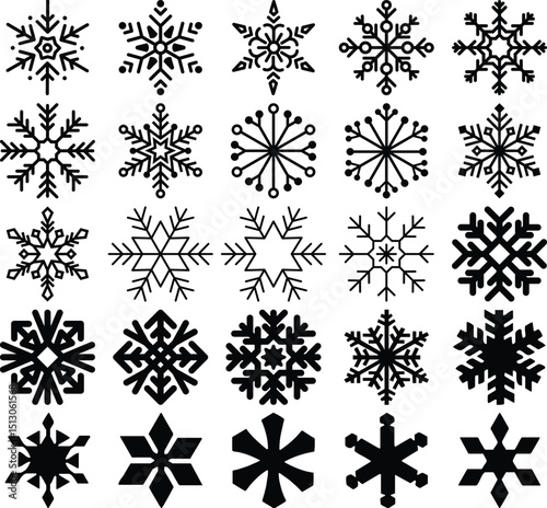 Collection of 25 Black Snowflake Icons.
