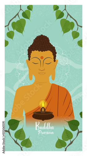 Peaceful Buddha Purnima Illustration with Meditating Buddha and Bodhi Leaves-01