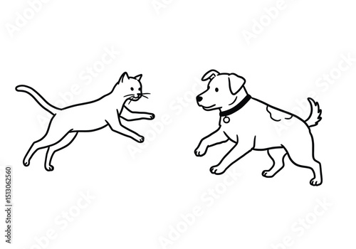 Cat and dog fighting drawing. A black and white outline image of a feline and a canine, domestic animals appearing to be in a playful or confrontational interaction. Vector sketch line art draw.