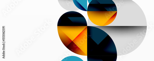 Abstract geometric composition. Circles, segments overlap creating dynamic visual effect. Warm, cool colors present. Minimalist design.