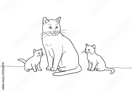Cat and kitten drawing. It is a black and white outline image of a feline mother and her offspring, illustrating a tender family moment among domestic animals. Vector sketch line art draw.