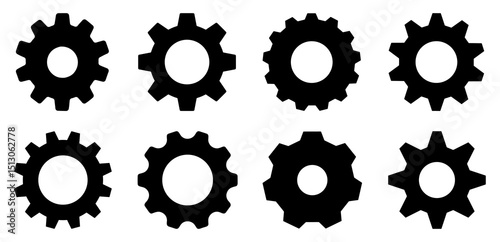 Collection of black gear silhouettes – Set of mechanical cogwheel icons for engineering, industrial, and technical design. Engineering or app interface concept vector illustration.