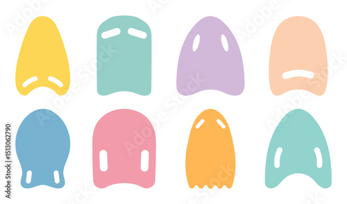 Set of swimming kickboards icons. Colorful swim boards. Equipment for pool. Flat hand drawn vector illustration