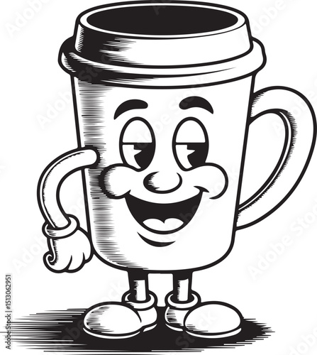 groovy retro coffee mug cartoon character vector illustration black color