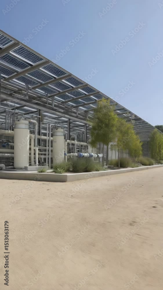 Water treatment plant with solar panels on the roof, featuring industrial equipment and pipes for water purification process. Water treatment plant with solar panels on the roof, featuring industrial equipment and pipes for water purification process.