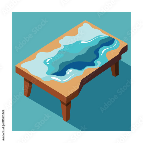Isometric view of wooden table with water effect and shadow on blue background