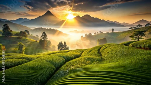 Sunrise Over Lush Green Tea Fields and Majestic Mountains