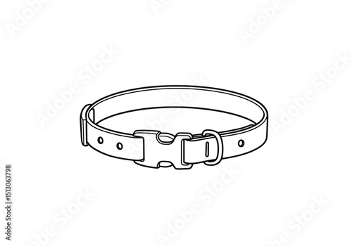Cat collar drawing. It is a black and white outline image of a pet accessory, a band worn around an animal's neck, typically for identification or control. Vector sketch line art draw.