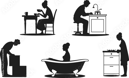 Silhouette Vector Illustrations of Daily Household Activities: Eating, Washing, Cleaning, and Relaxing in the Bathtub