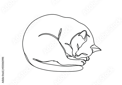 Cat curled up drawing. It is a black and white outline image of a sleeping feline, a domestic animal peacefully nestled in a comfortable, curled position. Vector sketch line art draw.