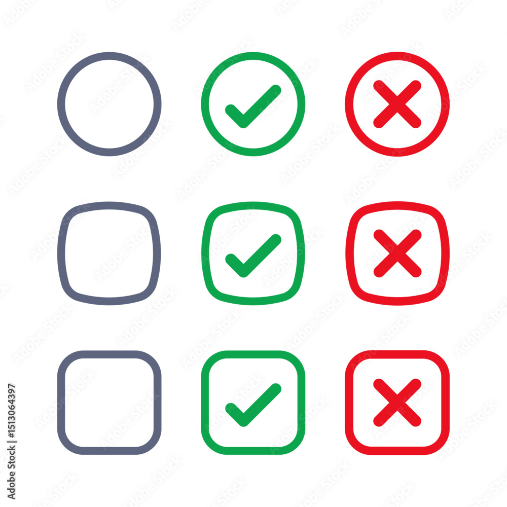 Obraz premium Blank checkbox, with green check or red cross isolated white background vector symbol for right and wrong choices. Todo list, Choice list. Checkmark icon set. Checkmark right symbol tick sign.