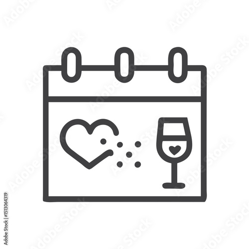 Calendar with Heart and Vine Glass Icon for Dating App Anniversary Reminders, Relationship Milestone Tracking, Special Date Memory Features and Couple Event Planning Functions